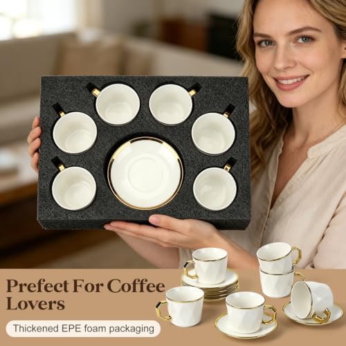 Coffee Cup Set of 6 with Saucers, 3.5 OZ Ceramic Demitasse Espresso