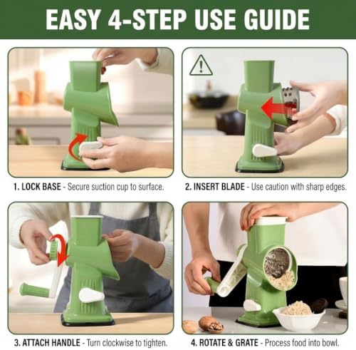 Rotary Cheese Grater and Shredder with 3 Blades