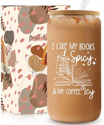 Book Lovers Gifts Idea, 16 oz Cute Glass Cups with Lids and Straws