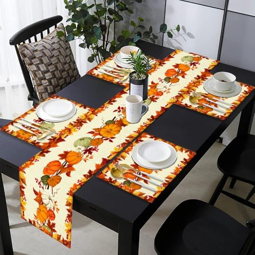 Fall Table Runner and Placemats Set, Orange Pumpkin and Leaf, 72 Inch