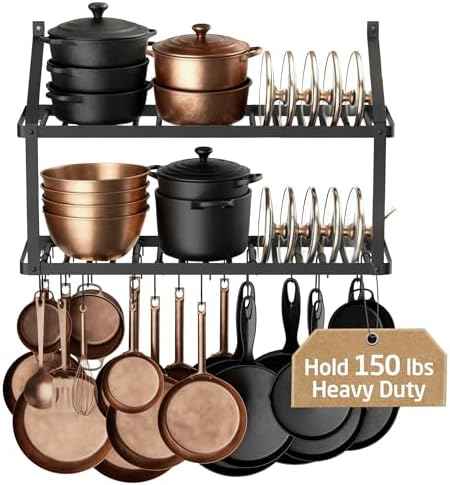 KES 150 lb High-Capacity Pot Rack Wall Mounted with Pot Lid Holder, 34 Inch Heavy-Duty Pots and Pans Hanging Rack with 20 Hooks, Drilling Template Provided for Easy Install, Matte Black, KUR528S88-BK