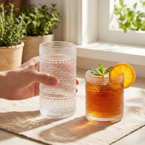 Vintage Hobnail Drinking Glasses Set of 8, Clear 16 oz Highball