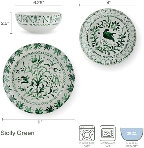 Fitz and Floyd Sicily Green 12-Piece Dinnerware Set - Stoneware Plates