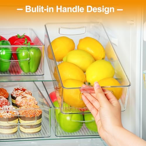 Hudgan Clear Storage Bins 8 Packs for Refrigerator, 4 Large Stackable Pantry Organizer Bins and 4 Medium Storage Plastic Containers for Home Edit, Kitchen, Freezer, Bathroom, Drawers, Shelves