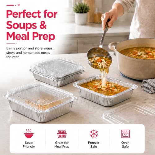 35 Pack 8x8 Aluminum Foil Pans with Lids - Silver Disposable Square