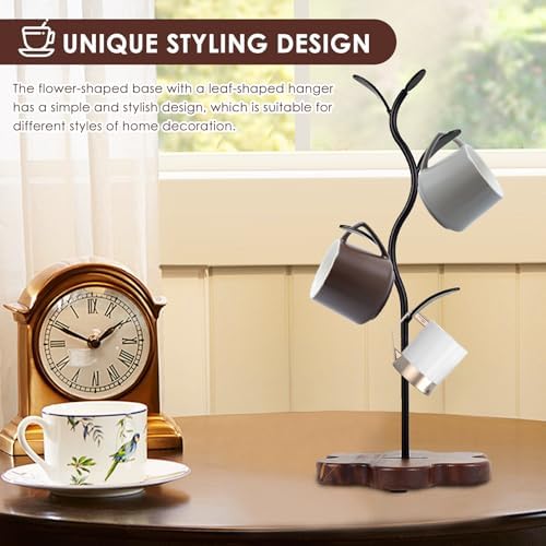 UKQRRTC Coffee Mug Holder Leaf Shape Mug Tree with Flower Wood Base