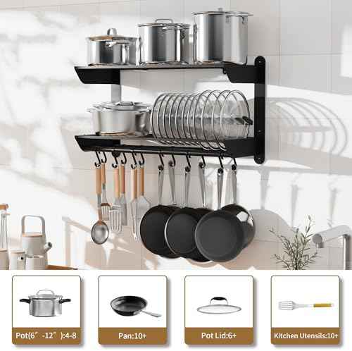 YIGII Wall Mounted Pot Rack 30 Inch, 2-Tier Kitchen Storage Shelf