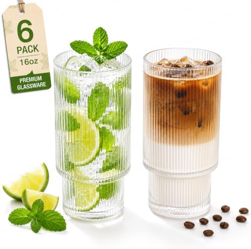 Qipecedm® 6 Pack Ribbed Drinking Glasses, 16 oz Vintage Glass Cups