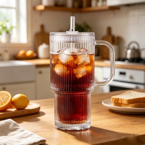 15oz Glass Cup With Lid And Straw, Reusable Iced Coffee Cup, Suitable