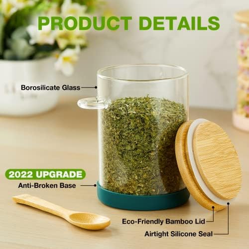 Mfacoy Set of 4 Airtight Glass Jars with Bamboo Lids & Spoons, 17 oz