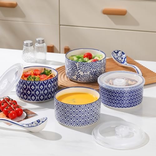 Selamica 14 OZ Ceramic Bowls with Lids, Set of 4, Vintage Blue