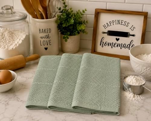 Sage Green Kitchen Hand Dish Towels, Set of 3, 100% Cotton, 18" x 28"