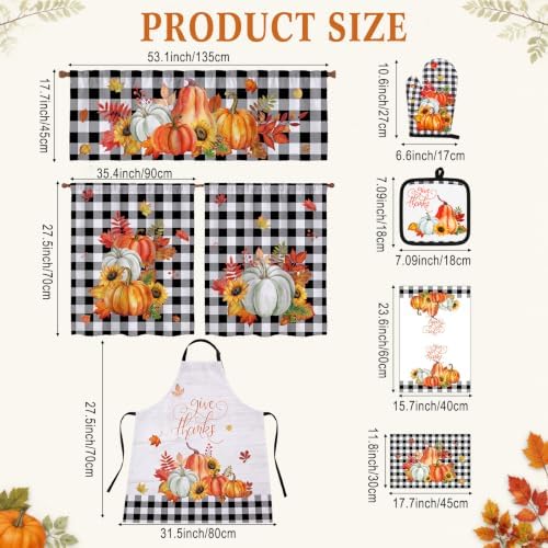 Tiamon 17 Pcs Fall Kitchen Set, Buffalo Pumpkin, Curtains Apron Mitts