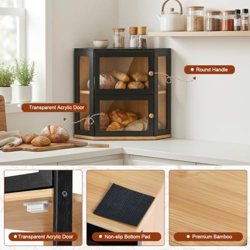 Black Corner Bread Box for Kitchen Countertop, Extra Large Bamboo Storage Breadbox, 2 Tier Modern Bread Bin Container for Homemade Bread with Acrylic Door Panel, Kitchen Organization