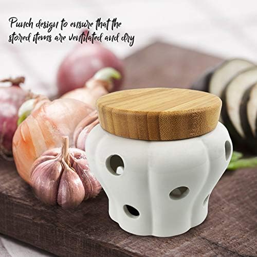 Ceramic Garlic Keeper with Bamboo Lid, 550 ml Vented White Stoneware