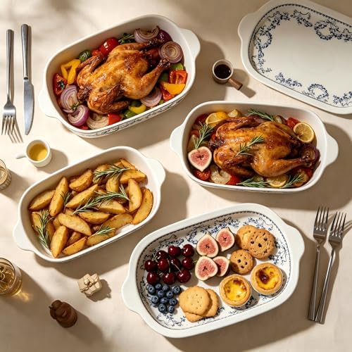ACMLIFE Ceramic Casserole Dish Set, 4 Pcs, Blue and White