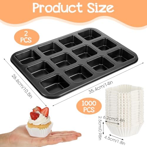 2 Pcs All Edges Brownie Pans with 1000 White Cupcake Liners, Nonstick