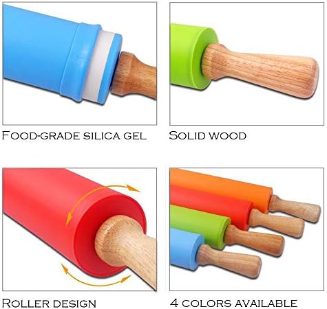 Rolling Pin Silicone Roller Solid Wood Handle for Baking Pizza Pie