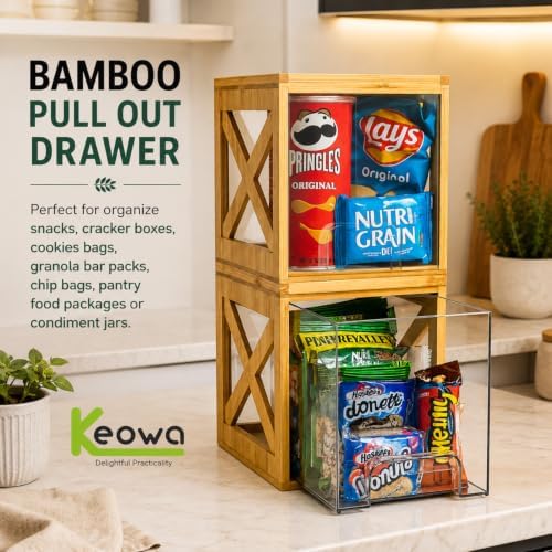 Bamboo Snack & Pantry Organizer, Stackable Pull-Out Drawers, 2 Pack