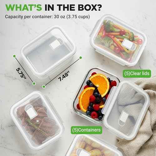 NutriChef 5-Piece 30 oz Glass Meal Prep Containers with Locking Lids