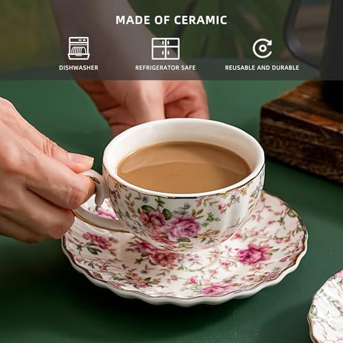 Agyiuns Tea Cup and Saucers, 6.4oz Floral Tea Cups with Gold Trim