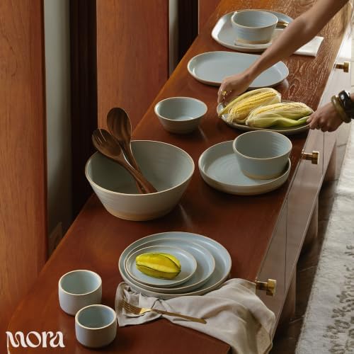 MORA Giant Salad Bowl Set with Wood Salad Servers, 4 qt Large Ceramic