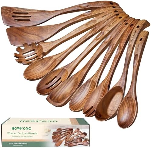 HOWHONG 10-Piece Acacia Wood Cooking Utensil Set for Nonstick Cookware