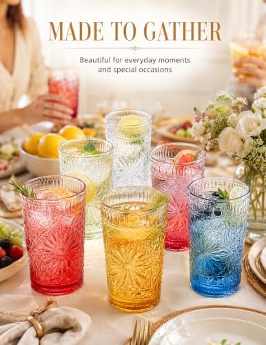 Drinking Glass Set of 6, 13oz Colored Glass Cup Glassware Set