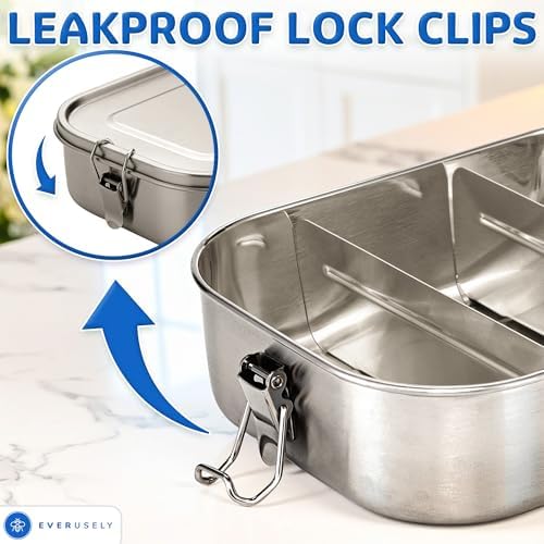 Stainless Steel Metal Lunch Box - 47 oz / 1.4 L, 2 Adjustable Dividers