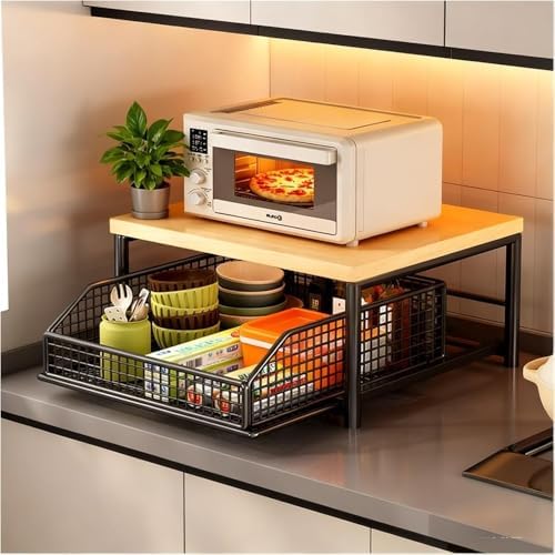 2-Tier Extendable Microwave Stand with Drawer, Black