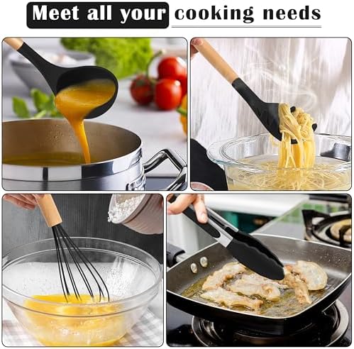E-far Silicone Cooking Utensils Set, 10-Piece, Wood Handle