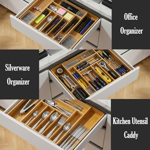 9-Slots Bamboo Drawer Organizers for Kitchen, Expandable Silverware