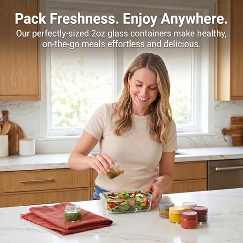 EONJOE 2 oz Glass Dressing Containers With Lids, Sauce Jars for Lunch