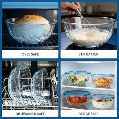 ENVTEK 5‐Piece Glass Mixing Bowls Set with Airtight Lids, Blue