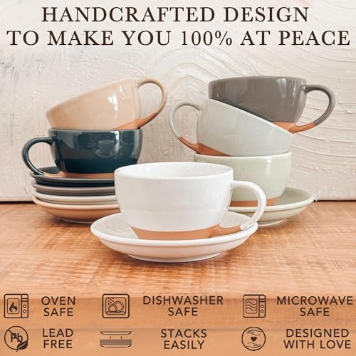 MORA Ceramic Latte Art Mug With Saucer - 10.5 oz, Round Bottom For