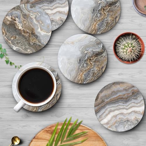Britimes Coasters for Drinks, Set of 6, Ceramic Stone, Grey Marble