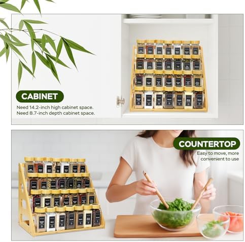 4Tier Bamboo Spice Rack Organizer with 28 Glass Spice Jars Empty 4 oz