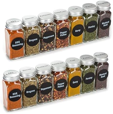 4oz, BEST VALUE 14 Glass Spice Jars includes pre-printed 113 CLEAR PVC