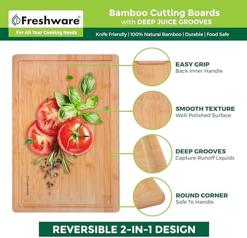 Freshware Wood Cutting Boards for Kitchen - Bamboo Cutting Board Set of 3, Cutting Boards with Juice Grooves, Serving Board Set, Chopping Board for Meat, Veggie, Easy Grip Handle (9x6", 12x8", 15x10")