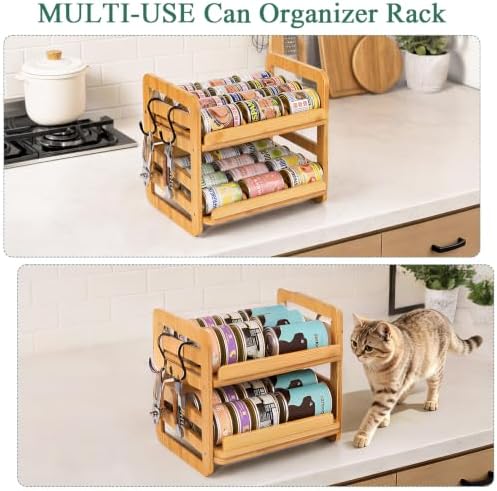 Bamboo Rolling Can Organizer for Pantry: Double-Tier Automatic Rolling