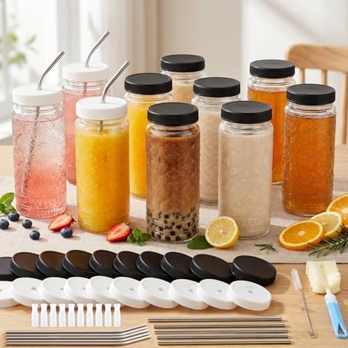 STARSIDE 10 Pack 16oz Glass Juice Bottles with Lids and Straws