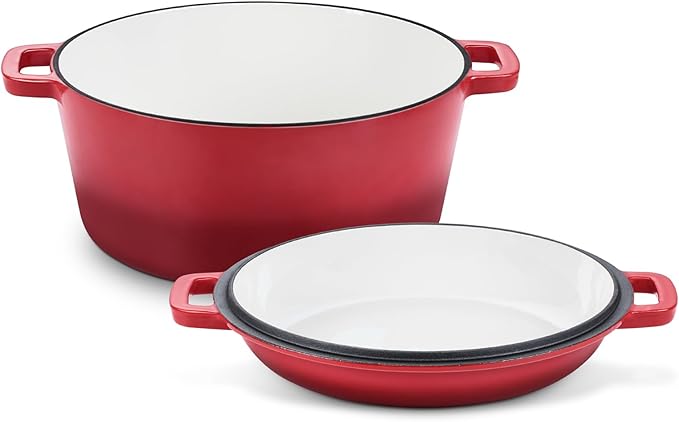 TeamFar 2-In-1 Enameled Cast Iron Dutch Oven, 5 Quart Dutch Oven Pot Cookware by TeamFar