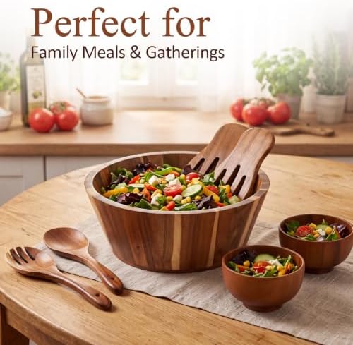Honeydak 9 Pcs 12" Wood Salad Bowl with 4.7" Serving Bowls and