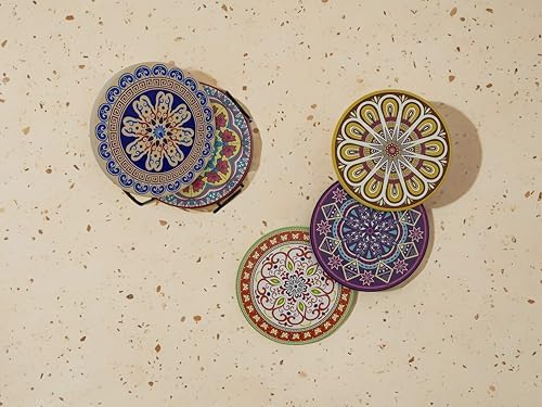 Mandala 4 Inches Round Absorbent Ceramic Coasters Set of 8, Cork Base