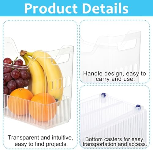 3 Pcs Freezer Organizer Bins with Wheel Clear Plastic Pantry Organizer