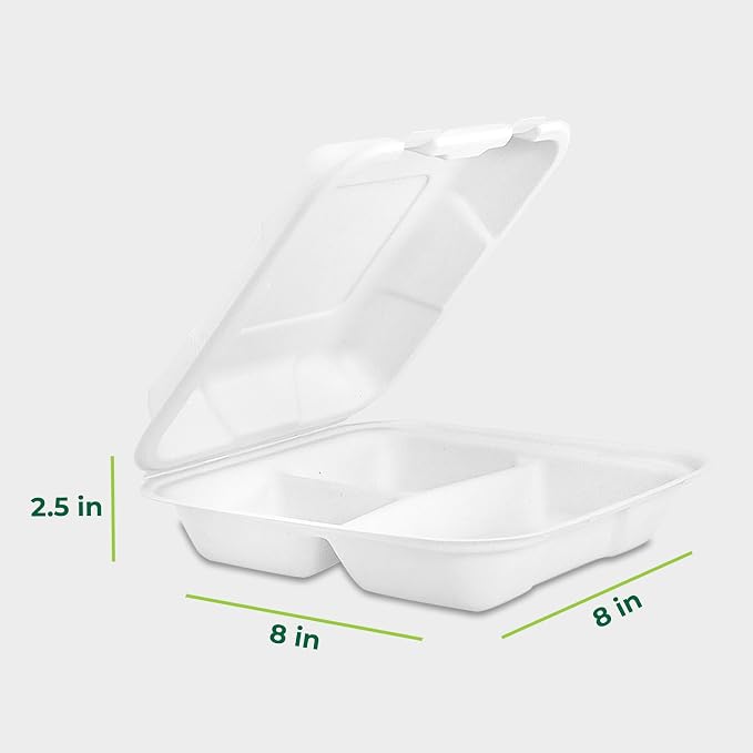 Freshware Compostable Clamshell Food Containers 3-Compartment 50-Pack, - Image 3
