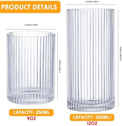 Zhehao 12 Pcs Ribbed Drinking Glasses Clear Vintage Cups Set, 9 oz