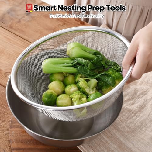 WAGENSTEIGER Stainless Steel Mixing Bowl and 3-Legged Colander Set, Multipurpose Kitchen Basket with Fine Mesh Colander, Salad Mixing Bowl with Strainer, Rinsing Vegetables & Fruits (24cm / 9.45")