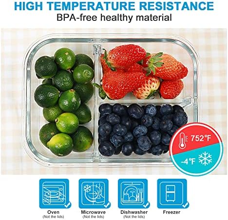 DAS TRUST 3 Pack Bento Box Glass Meal Prep Containers - 3 Compartment