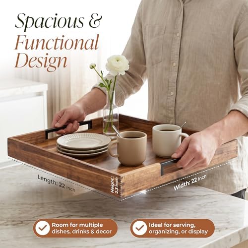 22" x 22" Large Square Acacia Wood Ottoman Tray with Extended Metal